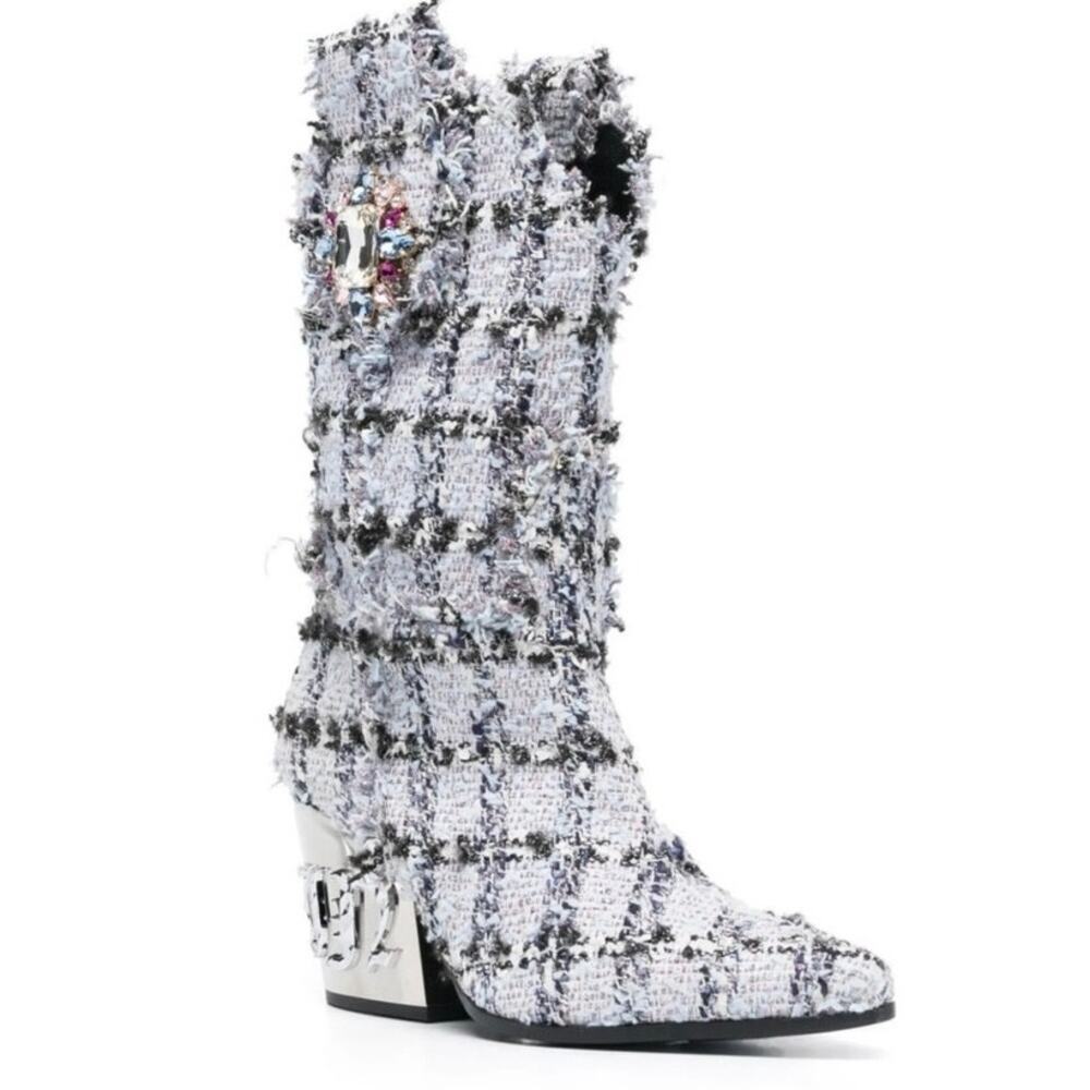 Philipp‎ Plein Gothic Cowboy Boots Tweed Plaid Blue Silver Heel Jeweled 35 NEW